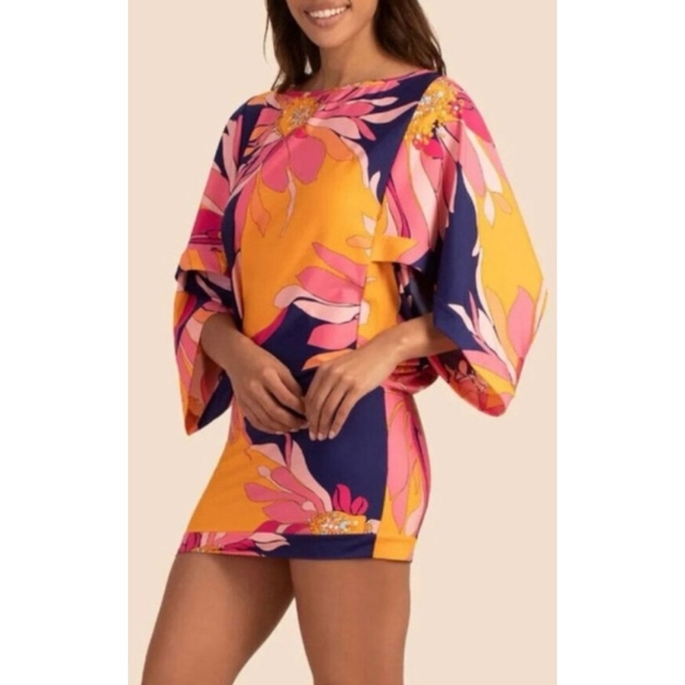 Trina Turk Breeze Swim Tunic Floral‎ Flutter Sleeve Mini Dress Coverup Boho XL